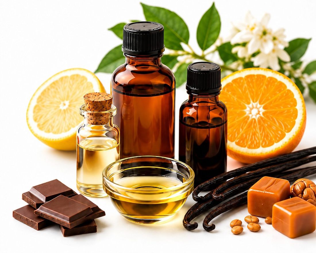 Frascos de aromas com laranja, limão, baunilha, chocolate e caramelo